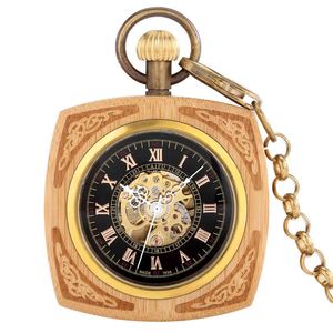 Chic No Cover Square Bambu Automatisk Mekanisk Pocket Watch Digital Black Dial Alloy Pendant Halsband Bästa present till Man Kvinnor