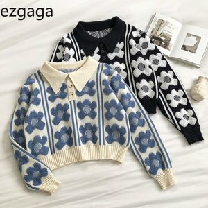 Ezgaga blomma tröja pullover kvinnor chic vintage höst vinter ny nedbrytning krage knapp långärmad toppar kawaii flicka mode 210430