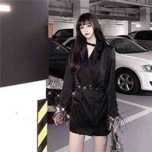 Women's Spring Autumn Jacket Retro French Black Waist Wide Loose Mid-length Suit Casual Long-sleeved Female Coats LL751 210506