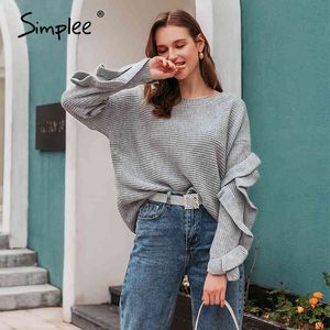 Elegant o-neck autumn winter women sweater Office lady off shoulder jumper Causal ruffle long sleeve pullover 210414
