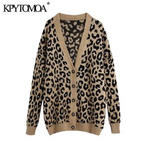 Kvinnor Mode Leopard Tryck Lös Strikkad Cardigan Sweater Vintage V Neck Långärmad Kvinnlig Ytterkläder Chic Toppar 210416