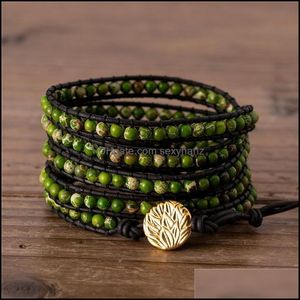 Armband handgjorda 5 rader läder wrap armband boho gröna kejserliga jaspers pärlor konst vävning vintage smycken gåva tennis droppleverans 2021