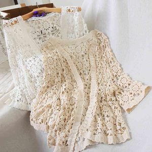 Lucyever Summer Hollow out camisa de malha Mulheres Sexy Lace Flor mangas compridas Cardigan mulher coreana blusa doce tops feminino 210521