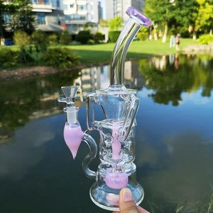 14mm Femmina Joint Narghilè Double Recycler Bong in vetro 4mm Turbina spessa Perc Oil Dab Rig Collo piegato Fab Egg Water Pipe Heady Bong