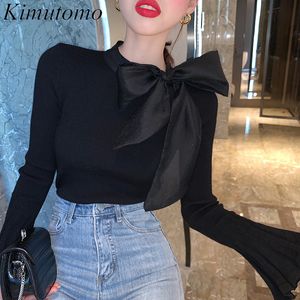 Kimutomo Vintage Bow Flare Sleeve Strikkad Pullover Kvinnor Vår Fashion Ladies O-Neck Slim Solid Tops Elegant Chic 210521