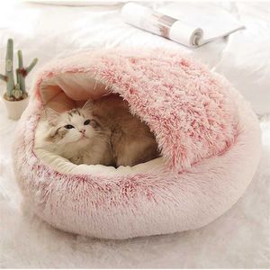 Winter Cat Bed Round Plush Warm Soft Pet Lång för Små Dogs S Nest 2 i 1 Valp Sovsäck 211006