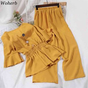 Summer 2 Pieces Set Women Sexy V-neck Ruffle Blouse + Wide Leg Pants Korean Chic Suit Female Two-Piece Sets Office Lady 210519