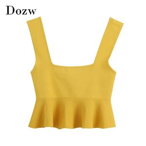 Solid Knitted Tank Tops Women Summer Sexy Backless Cropped Lady Ruffles Sleeveless Beach Short Camisole Ropa Mujer 210515