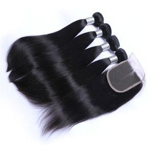 Brazilian Straight Human Hair Weaves Extensions 4 Bundles with Closure Free Middle 3 Part Double Weft Dyeable Bleachable 100g/pc DHL