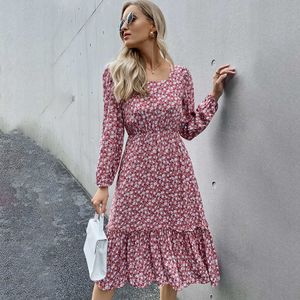 Spring Long Sleeve Floral Midi Woman Dress Summer Fashion Square Collar Ruffles Black Dresses For Women Casual Vestidos 210706