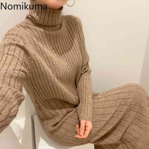 Nomikuma Höst Vinter Turtleneck Sweater Klänning Stretch Tjockad Strikkad Långärmad Klänningar Kvinnor Kausal Rak Vestidos 6d040 210427