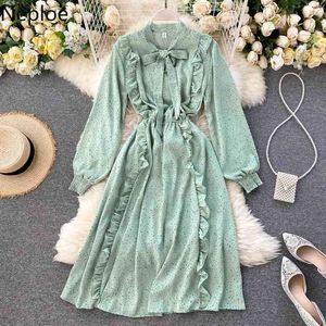 Neploe Woman Dress Spring Clothing Sweet Ruffles Slim Fit Vestidos Chiffon Robe Lace Up Bow Robe Floral Vintage Dresses 210422