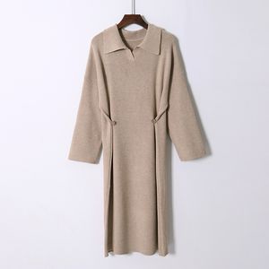 Sweater Long Dress Casual Loose-Fit Woolen women winter Autumn Button Knitted Sleeve Midi womens 210420
