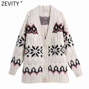 Kobiety Vintage V Neck Flower Wzór żakardowe Kardynania Knitting sweter Kobiet Chic Długi Rękaw Hollow Out Tops S651 210416