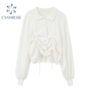 Knit Blouse Lapel Cardigan Lace Up Crop Knitwear Shirt Tops Ladies Elegant Korean Vintage Polo Collar Long Sleeve White Blusas 210417