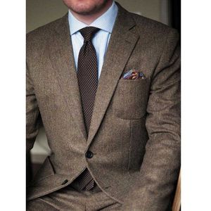 Brown Herringbone Tweed Casual Men Suits for Winter 2 Piece Wedding Groomsmen Tuxedo Male Set Jacket with Pants New Fashion X0909