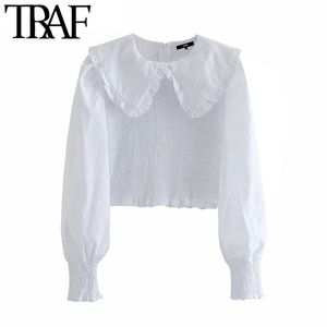 TRAF Women Fashion Smocked Elastic Ruffled Cropped Blouses Vintage Long Sleeve Back Zipper Female Shirts Chic Tops 210415