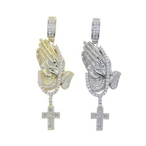 Chains Iced Out Bling 5A Cubic Zirconia Praying Hands Cross Pendant Necklaces For Men Gold Plated Hiphop Tennis Chain Jewelry