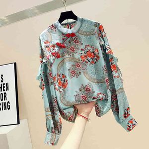 Kinesisk Retro Design Höst Kvinnors Flouncing Långärmad Floral Shirts Dam Casual Shirt Blouse Tops A3677 210428