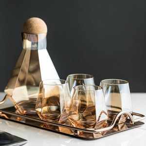 Crystal Glass Water Bottle Hexagonal Pitcher Cup Set Diamond Cold Water Kettle Transparent Stained Glass Juice Jugs 211013