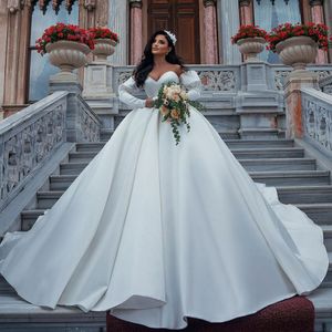 Charming Ball Gown Wedding Dresses Sweetheart Neck Long Sleeves Bridal Gowns Plus Size Sweep Train Satin Vestido De Novia 407