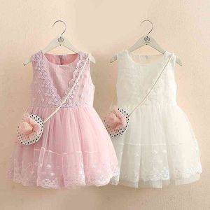 Summer Fashion 3 4 6 8 10 to 12 Years Teenager Floral White Ball Gown Sleeveless Lace Dresses For Kids Baby Girl With Bag 210529