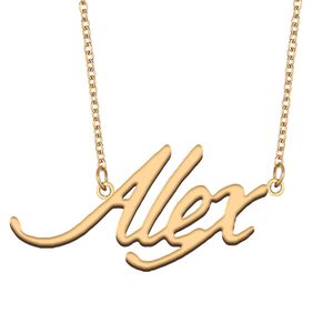 Alex personalisierte Namenskette für Damen, Halsschmuck, Edelstahl, 18 Karat vergoldet, Anhänger mit Namensschild