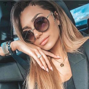 Brand Round Rimless Sunglasses Women Luxury Female Shades Sexy Circle Sun Glasses With Chain Feminino Elegant