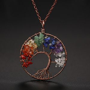 Weave Tree of Life Natural Stone Pendant Halsband Bron Wire Agate Amethyst Turquoise Pärlor Halsband för kvinnor Barn mode smycken vilja och sandig