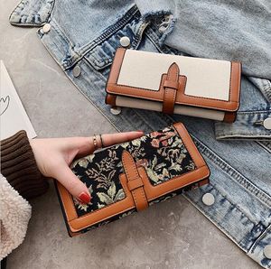 Fabrik hela kvinnor handväska elegant duk jacquard lång plånbok vikande färg matchande läder plånböcker gata mode läder256h
