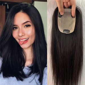 Slik Base Human Hair Topper Natural Black Color 8 * 14 cm Klip w peruce Kawałki Top Zamknięcie 120% Gęstość dla kobiet