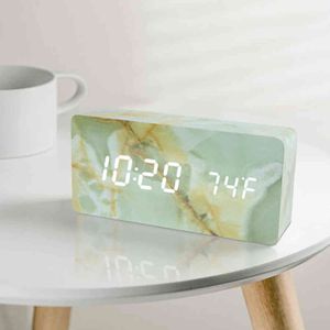 Snooze Multifunction LED Alarm Clock Marble Digital Clock Acoustic Control Sensing Time Night Table Desktop Clock Despertador 211112