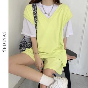 Yedinas Sommar Två Pieces Set Vest och Shorts Casual Women Loose Outfit Kvinna Koreansk stil Tracksuit Soild Suit 210527