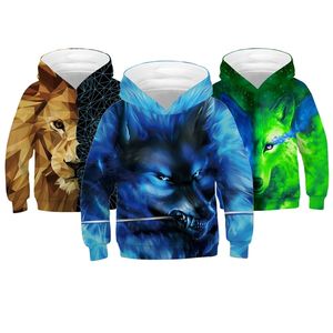 Grande tamanho meninos jaqueta 3d impressão digital leão e lobo casual menino camisola com capuz meninas moletom 5-14 ano roupas crianças 211011