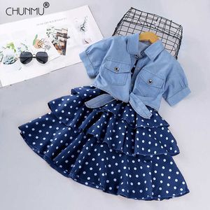 Roupas de meninas de verão moda roupas infantil de manga curta jaqueta denim + bolinhas vestido tutu 2 pcs terno crianças meninas 3-12 anos q0716