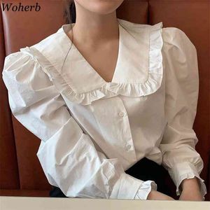 韓国のファッションピーターパンカラー女性ブラウスホワイトエレガントパフスリーブ女性シャツ春シックなすべてのマッチトップ210519