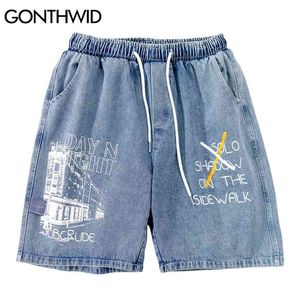 Gonthwid Denim Jean Shorts Harajuku Graffiti Imprimir Calças Curtas Calças Streetwear Mens Hip Hop Moda Verão Casual 210716