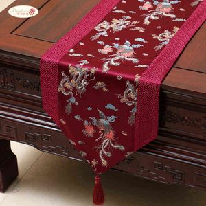 Proud Rose Chinese style Satin Table Runner Cloth Home Decor Flag with Tassel Creative Cover 211117