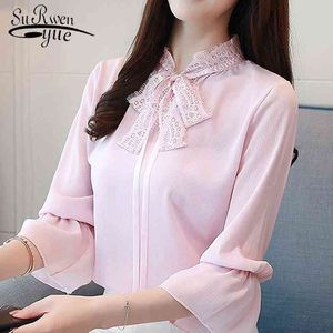 chiffon women shirt blouse summer pink fashion sweet flare sleeve clothing bow 's tops shirts blusas D755 30 210521