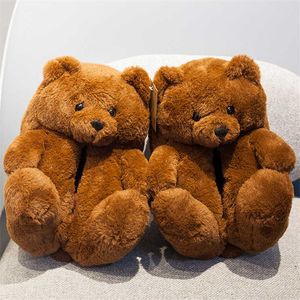 Plush Teddy Bear House Slippers Women Men Cartoon Cute Bear House Slipper Winter Warm Furry Faux Fur Slides Shoes Couples Home  Y0905