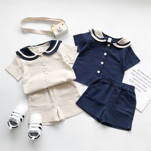 Children's Clothing Sets Summer Navy Style Sailor Neck Short-sleeved T-shirt + Shorts 2Pcs Of Kids Clothes Casual Boy Girl 210515