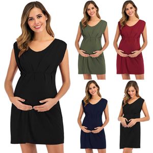 Женское беременность без рукавов без рукавов O-шеи сплошное цветное платье удобные дышащие практические стороны Ruched Design Q0713