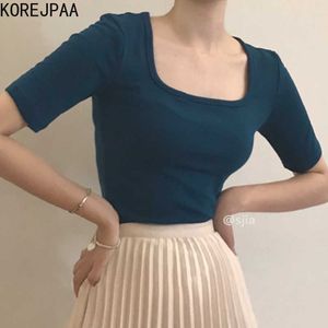 Korejpaaの女性Tシャツ夏の韓国のシックな女の子シンプルなカジュアルな基本的なスクエアネックキャンディーカラーストレッチスリム半袖トップ210526