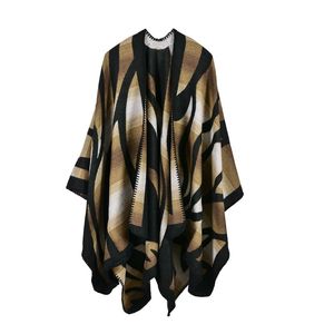 Women Sweater European And American Ladies Camouflage Gradient Imitation Cashmere Split Fork Lengthened Thick Shawl Cloak 210427