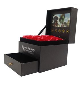 Geschenk Wrap 4.5in / 7in Schmuck Ring Halskette Flower Box mit Einladung Video Digital Greeting LCD-Bildschirm-Karte