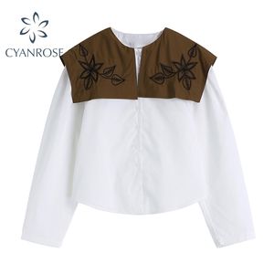 Damskie z długim rękawem Białe bluzki Kwiatowy Drukuj Patchwork Szal Collar Eleganckie Koreańskie Koszule Panie Luźne Stylowe BluSas Top 210515