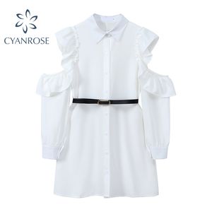 New Summer Women's Off Shoulder White Shirt Dress Ruffle Patchwork Straight Vestidos Single Breasted Lapel OL Korean Frocks 210417