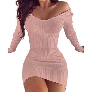 Off Shoulder Long Sleeve Bodycon Dress Stretchy V-Neck Solid Color Ribbing Knitted Dress Streetwear Y1006