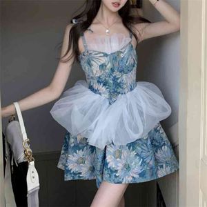 French Retro Oil Painting Sling Dress Women's Summer Short Sweet Princess Y2k Party 210529