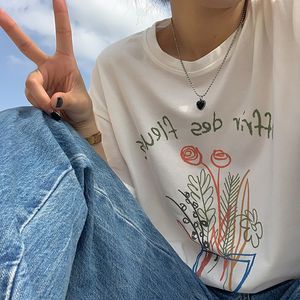 2 색 여름 한국어 스타일 만화 편지 꽃 짧은 소매 티셔츠 여성 탑스 티셔츠 FEMME (F4294) 210423